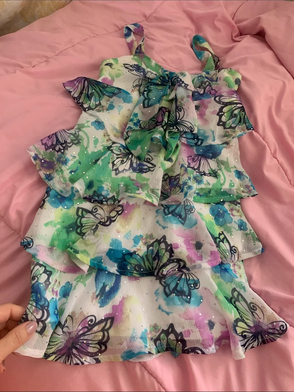Justice Girls Watercolor Butterfly Ruffle Dress in Blue, Green & Purple
